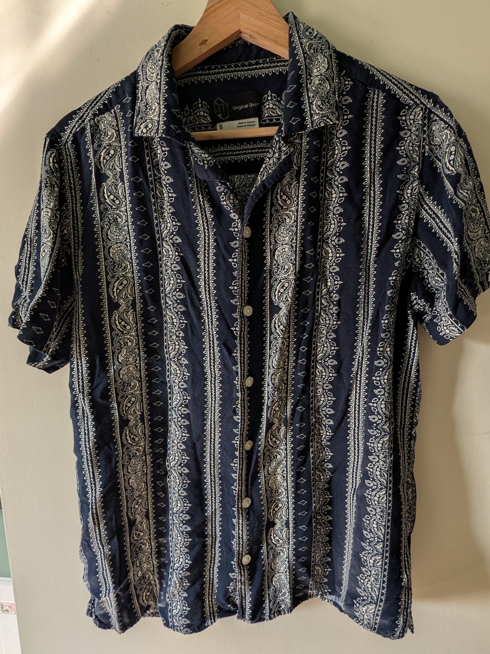 Original Use Navy and White Paisley Stripe Short-Sleeve Button-Up